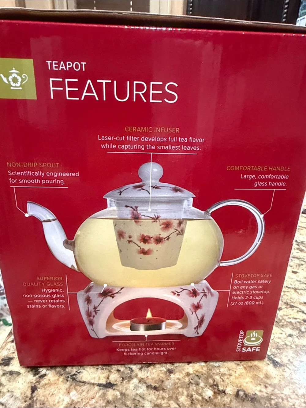 Teabloom Cherry Blossom Glass Teapot Set with White Floral Warmer